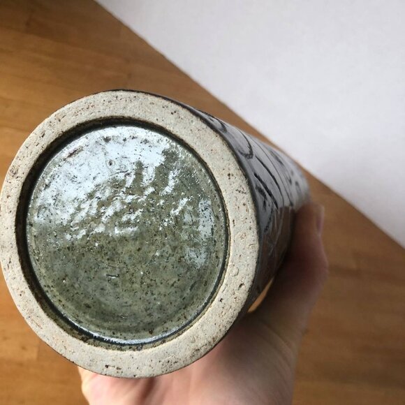 Vintage Japanese Otagiri Incised Vase by OMC Cylinder Pottery Olive Brown Colors - Picture 6 of 10